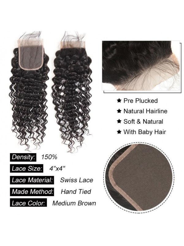 3 Pacchi Di Capelli Ad Onda Profonda Con Chiusura In Pizzo 4 * 4 Capelli Brasiliani Perlati Di Ali