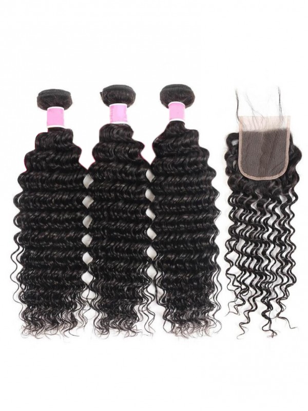 3 Pacchi Di Capelli Ad Onda Profonda Con Chiusura In Pizzo 4 * 4 Capelli Brasiliani Perlati Di Ali