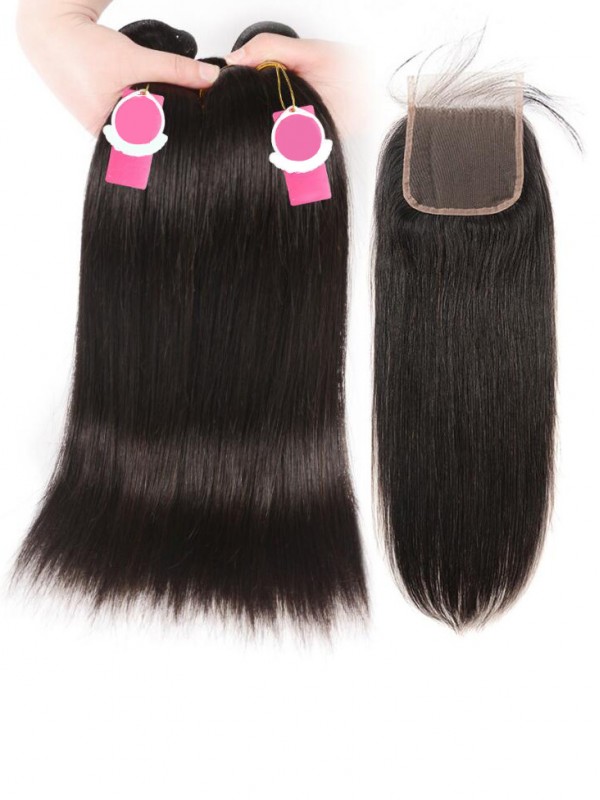 Capelli Brasiliani Non Lavorati 3 Pezzi Dritti Con Chiusura In Pizzo 4 * 4