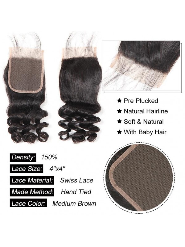 Capelli Brasiliani 3 Pacchi Onda Sciolta Con Chiusura In Pizzo 4 * 4
