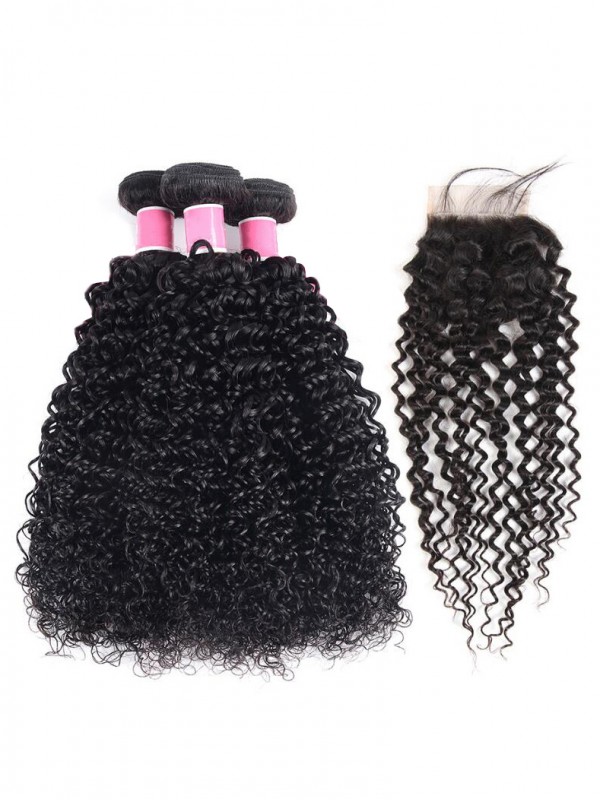 Capelli Ricci Crespi 3 Fasci Con Capelli Brasiliani Morbidi Con Chiusura In Pizzo 4 * 4