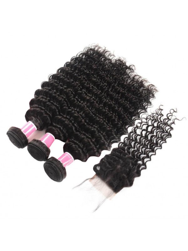 Capelli Vergini Malesi 3 Pacchi Onda Profonda Con Chiusura In Pizzo
