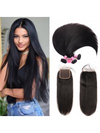 Capelli Vergini Malesi 3 Pezzi Dritti Con Chiusura In Pizzo 4 * 4