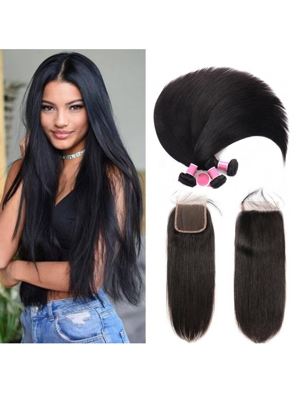Capelli Vergini Malesi 3 Pezzi Dritti Con Chiusura In Pizzo 4 * 4