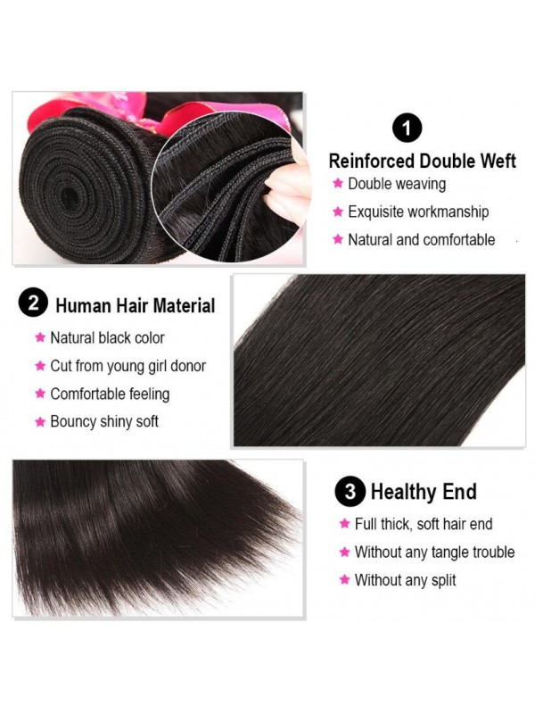 Capelli Vergini Malesi 3 Pezzi Dritti Con Chiusura In Pizzo 4 * 4