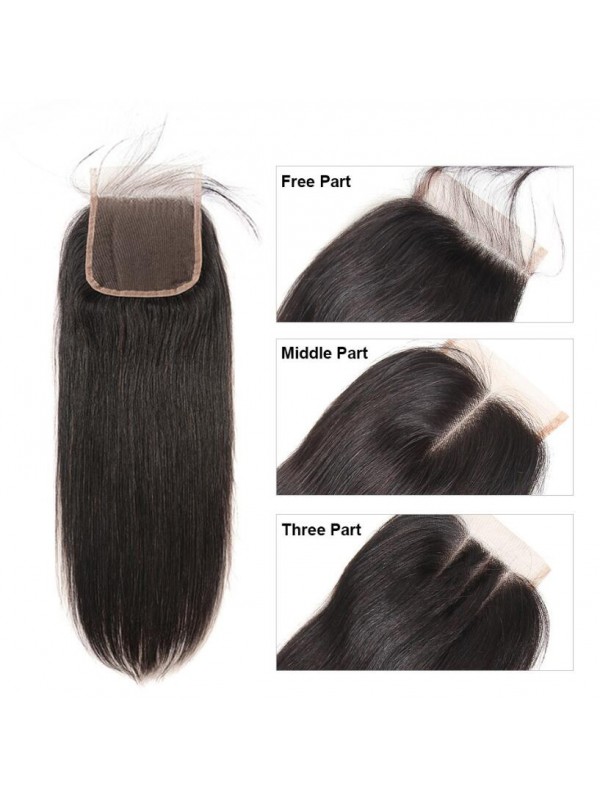 Capelli Vergini Malesi 3 Pezzi Dritti Con Chiusura In Pizzo 4 * 4