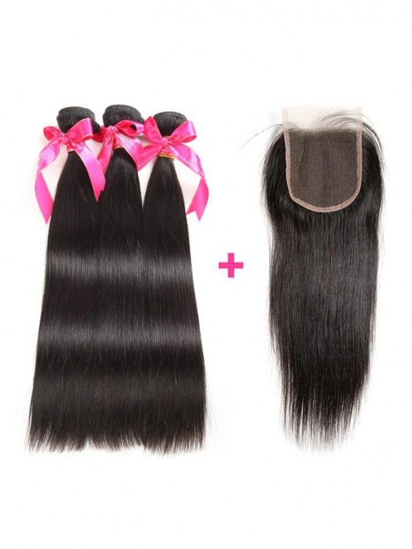 Capelli Vergini Malesi 3 Pezzi Dritti Con Chiusura In Pizzo 4 * 4