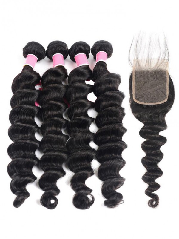 Capelli Umani Peruviani 4 Pezzi Onda Profonda Sciolta Con Chiusura In Pizzo