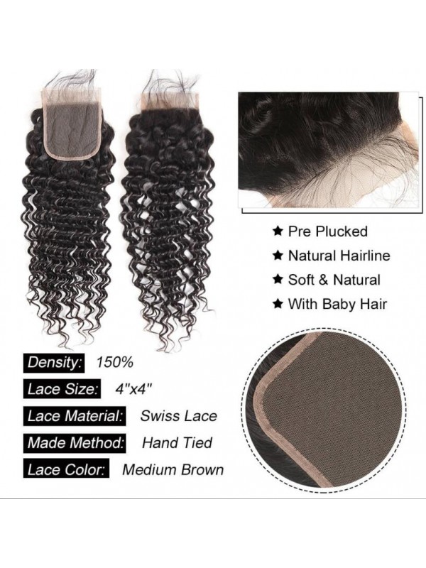 Fasci Di Capelli Peruviani Non Trattati Con Onda Profonda Con Chiusura In Pizzo