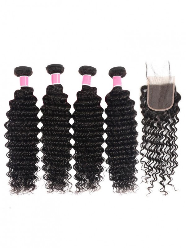Fasci Di Capelli Peruviani Non Trattati Con Onda Profonda Con Chiusura In Pizzo