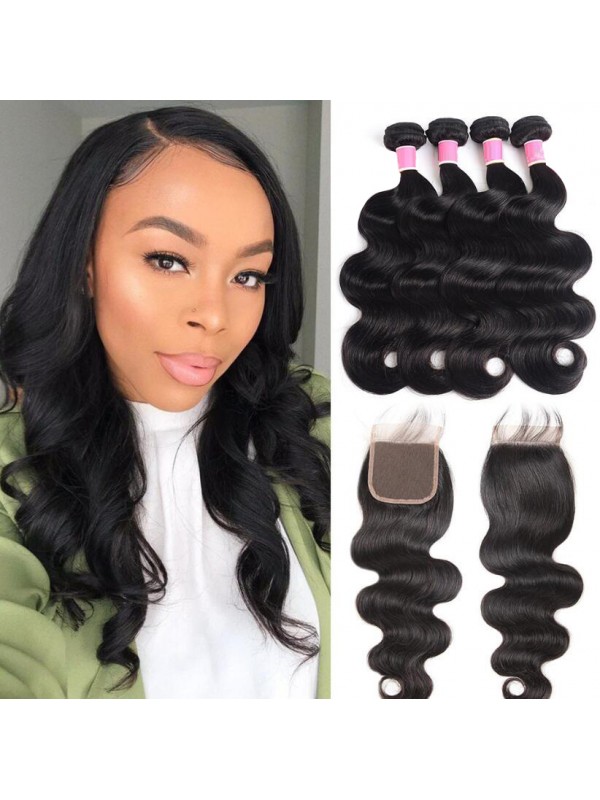Capelli Vergini Malesi 4 Pezzi Body Wave Con Chiusura In Pizzo 4 * 4