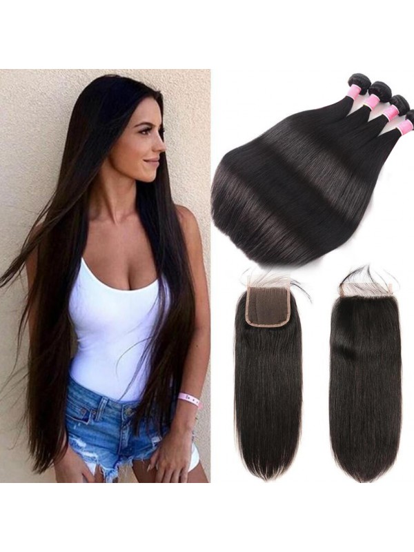 Capelli Vergini Malesi 4 Pezzi Dritti Con Chiusura In Pizzo 4 * 4