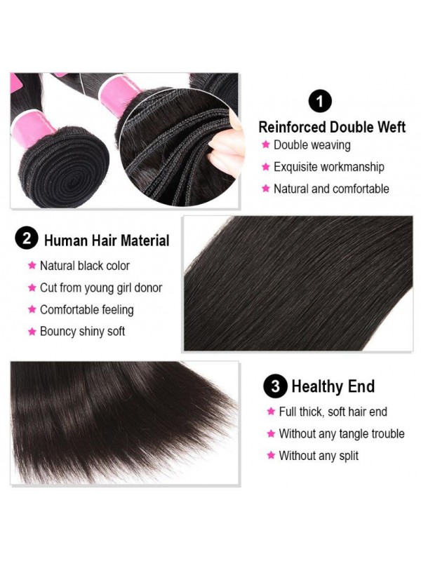 Capelli Vergini Malesi 4 Pezzi Dritti Con Chiusura In Pizzo 4 * 4
