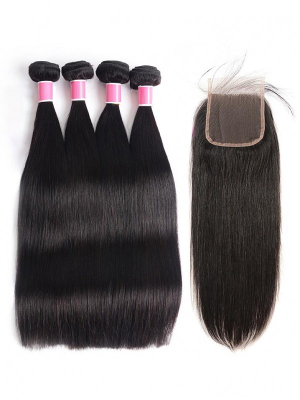 Capelli Vergini Malesi 4 Pezzi Dritti Con Chiusura In Pizzo 4 * 4
