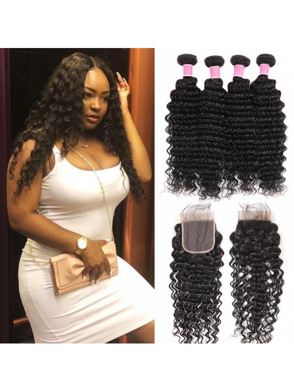 4 Pacchi Di Capelli Umani Brasiliani Acconciature Ad Onda Profonda Con Chiusura In Pizzo 4 * 4