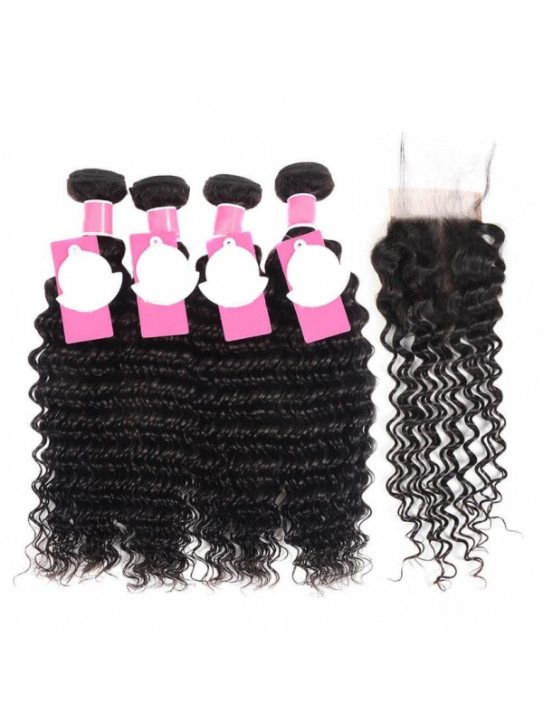 4 Pacchi Di Capelli Umani Brasiliani Acconciature Ad Onda Profonda Con Chiusura In Pizzo 4 * 4