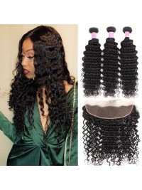 Fasci Di Onde Profonde 3 Con Capelli Vergini Malesi Frontali In Pizzo 13 * 4