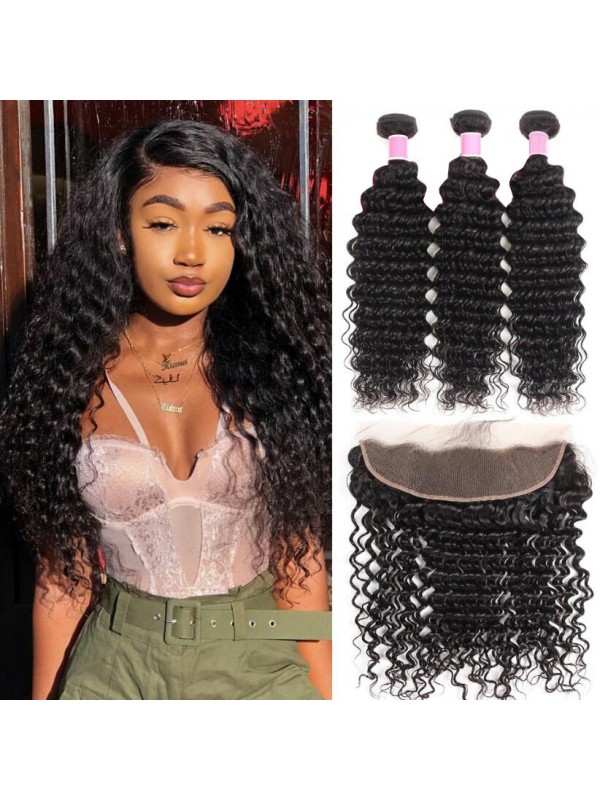 Capelli Indiani 3 Pezzi Onda Profonda Con Frontale In Pizzo 13 * 4
