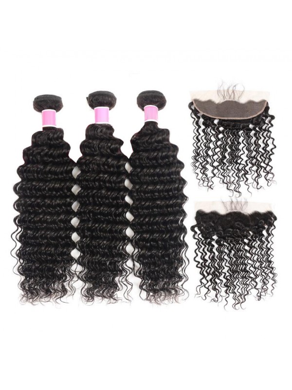 Capelli Indiani 3 Pezzi Onda Profonda Con Frontale In Pizzo 13 * 4