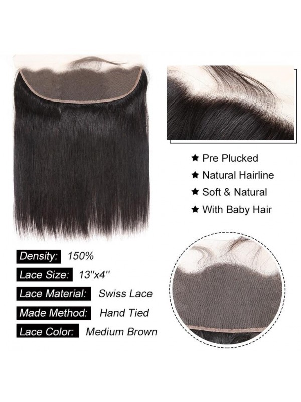 4 Fasci Diritti Con 13 * 4 Capelli Umani Peruviani Frontali In Pizzo