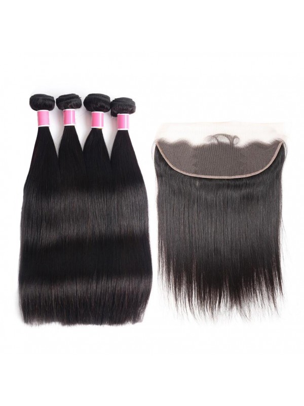 4 Fasci Diritti Con 13 * 4 Capelli Umani Peruviani Frontali In Pizzo