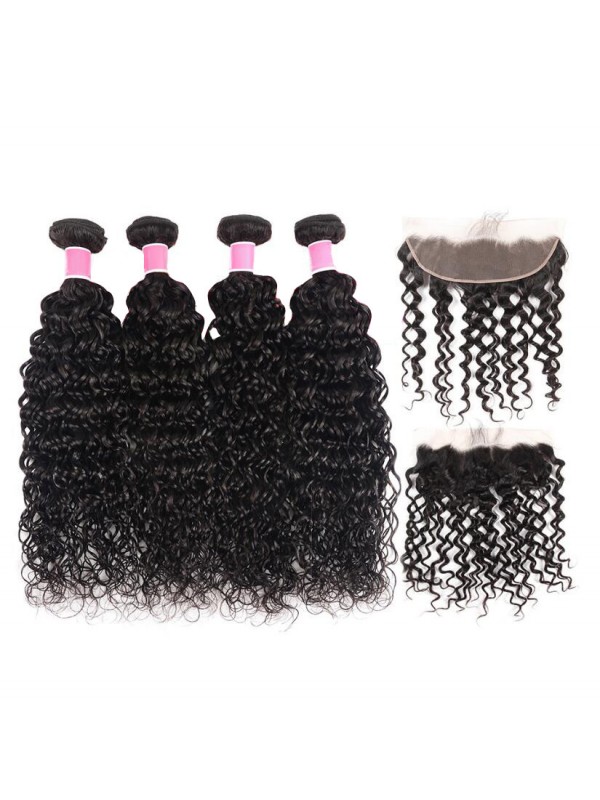 Capelli Vergini Malesi 4 Pezzi Onda Naturale Con Frontale In Pizzo 13 * 4