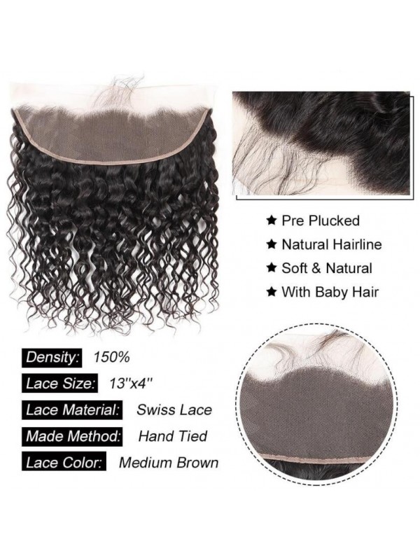 Capelli Vergini Malesi 4 Pezzi Onda Naturale Con Frontale In Pizzo 13 * 4