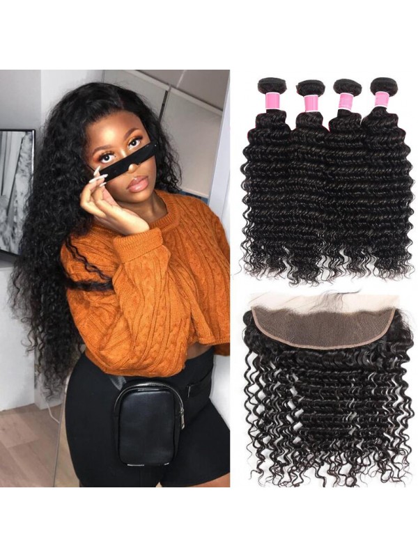 Capelli Vergini Malesi 4 Pezzi Onda Profonda Con Frontale In Pizzo 13 * 4