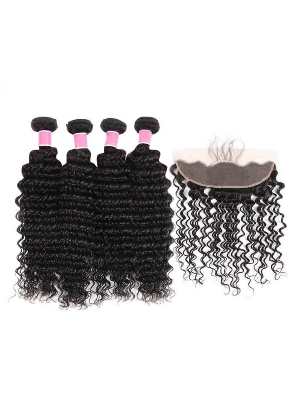 Capelli Vergini Malesi 4 Pezzi Onda Profonda Con Frontale In Pizzo 13 * 4