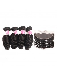 Capelli Vergini Malesi 4 Pezzi Onda Sciolta Con Frontale In Pizzo 13 * 4
