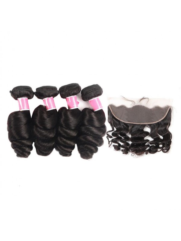 Capelli Vergini Malesi 4 Pezzi Onda Sciolta Con Frontale In Pizzo 13 * 4