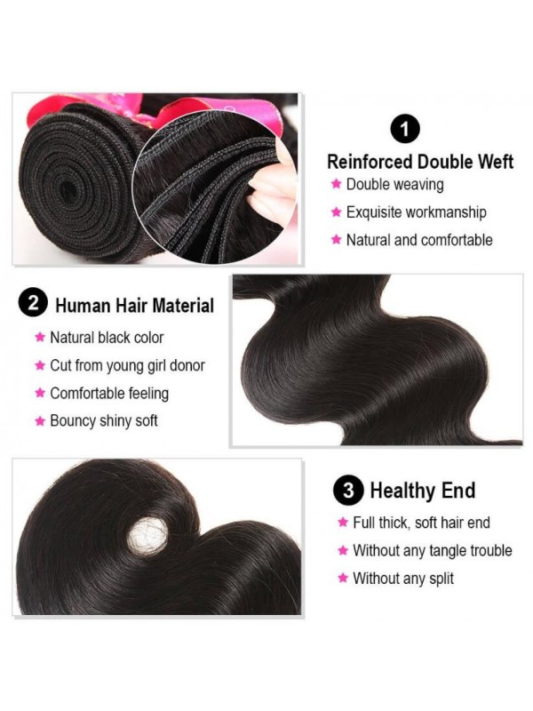 Capelli Vergini Malesi Dell'Onda Del Corpo 3 Fasci Con 360 Frontali
