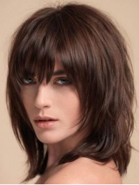 Parrucche Di Capelli Umani Senza Cappuccio Dritte Con Lunghezza Della Spalla Marrone Con Frangetta