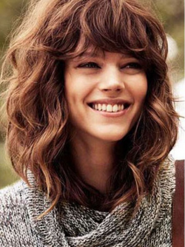 Parrucche Di Capelli Umani Senza Cappuccio Ondulati Di Colore Marrone Chiaro Medio Con Frangia Laterale