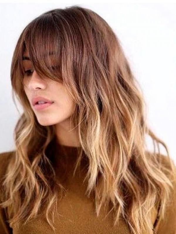 Parrucche Per Capelli Umani Senza Cappuccio Lunghi Ondulati Bicolore Con Frangetta