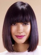 Parrucche Di Capelli Umani Lisci Medi Senza Cappuccio Stile Bob Con Frangia 12 Pollici