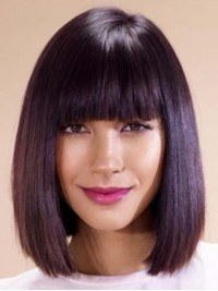 Parrucche Di Capelli Umani Lisci Medi Senza Cappuccio Stile Bob Con Frangia 12 Pollici
