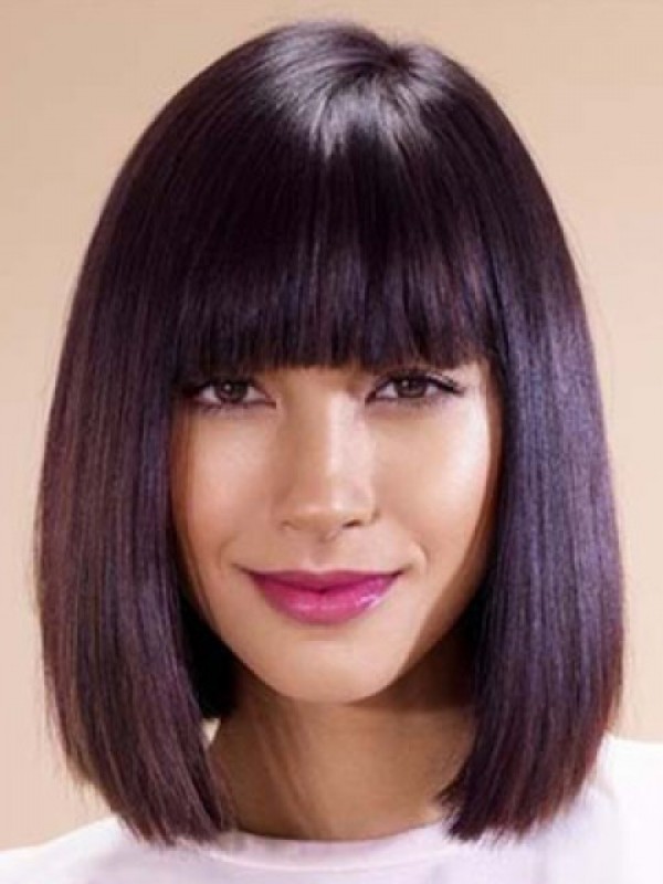 Parrucche Di Capelli Umani Lisci Medi Senza Cappuccio Stile Bob Con Frangia 12 Pollici
