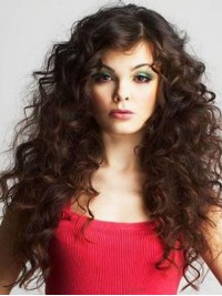 Parrucche Di Capelli Umani Di Remy Senza Cappuccio Ricci Lunghi Marroni 24 Pollici