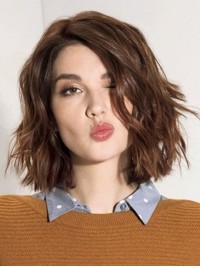 Parrucche Di Capelli Umani Senza Cappuccio Ondulati Stile Bob Con Frangia Laterale 12 Pollici
