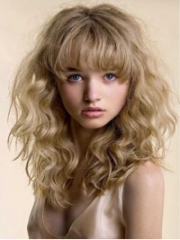 Parrucche Bionde Ondulate Lunghe Senza Cappuccio Per Capelli Umani Con Frangetta 16 Pollici