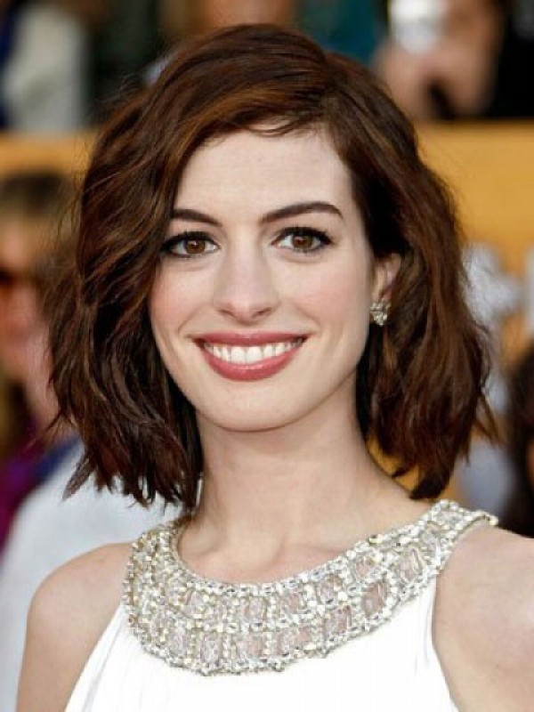 Parrucche Di Capelli Umani Senza Cappuccio Ondulati Stile Bob Con Frangia Laterale 12 Pollici