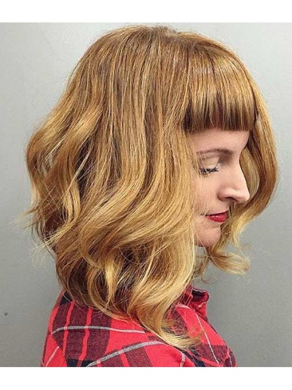 Parrucche Di Capelli Umani Senza Cappuccio Ondulati Medi In Lino Con Frangetta 14 Pollici