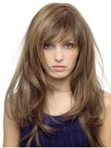Parrucche Per Capelli Umani Senza Cappuccio Lunghi E Dritti Marrone Chiaro Con Frangetta 22 Pollici