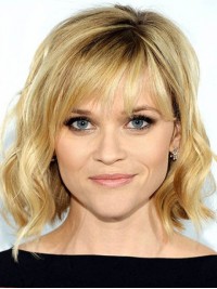 Parrucche Di Capelli Umani Senza Cappuccio Ondulati Biondi Stile Bob Con Frangetta 12 Pollici