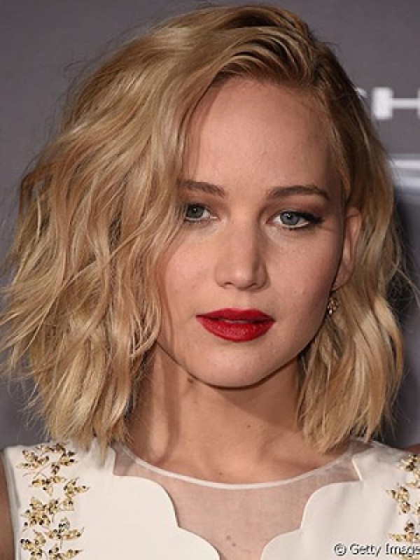 Parrucche Di Capelli Umani Senza Cappuccio Ondulati Stile Bob Biondo Con Frangia Laterale 12 Pollici