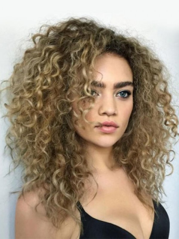 Parrucche Di Capelli Umani Senza Cappuccio Ricci Lunghi Di Lino 22 Pollici