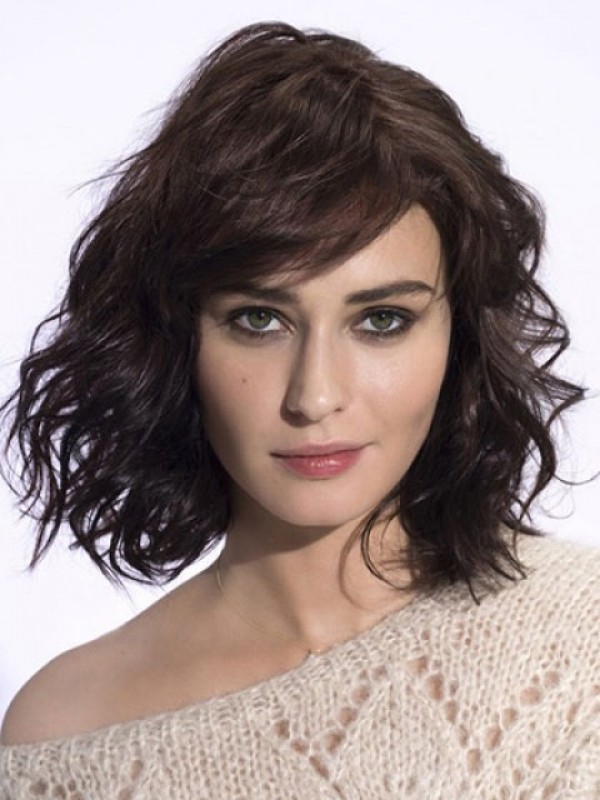 Parrucche Di Capelli Umani Remy Senza Cappuccio Stile Bob Ondulato Con Frangetta 14 Pollici