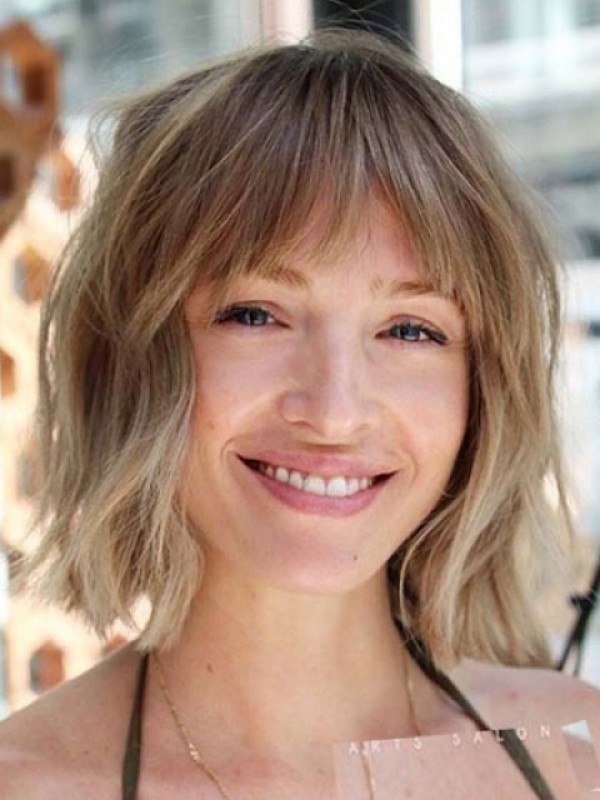 Parrucche Ondulate Per Capelli Umani Ondulate Corte In Pizzo Stile Bob Con Frangetta 12 Pollici