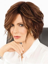 Parrucche Per Capelli Umani Senza Cappuccio Ondulate Corte Stile Bob Marrone Con Frangia Laterale 10 Pollici